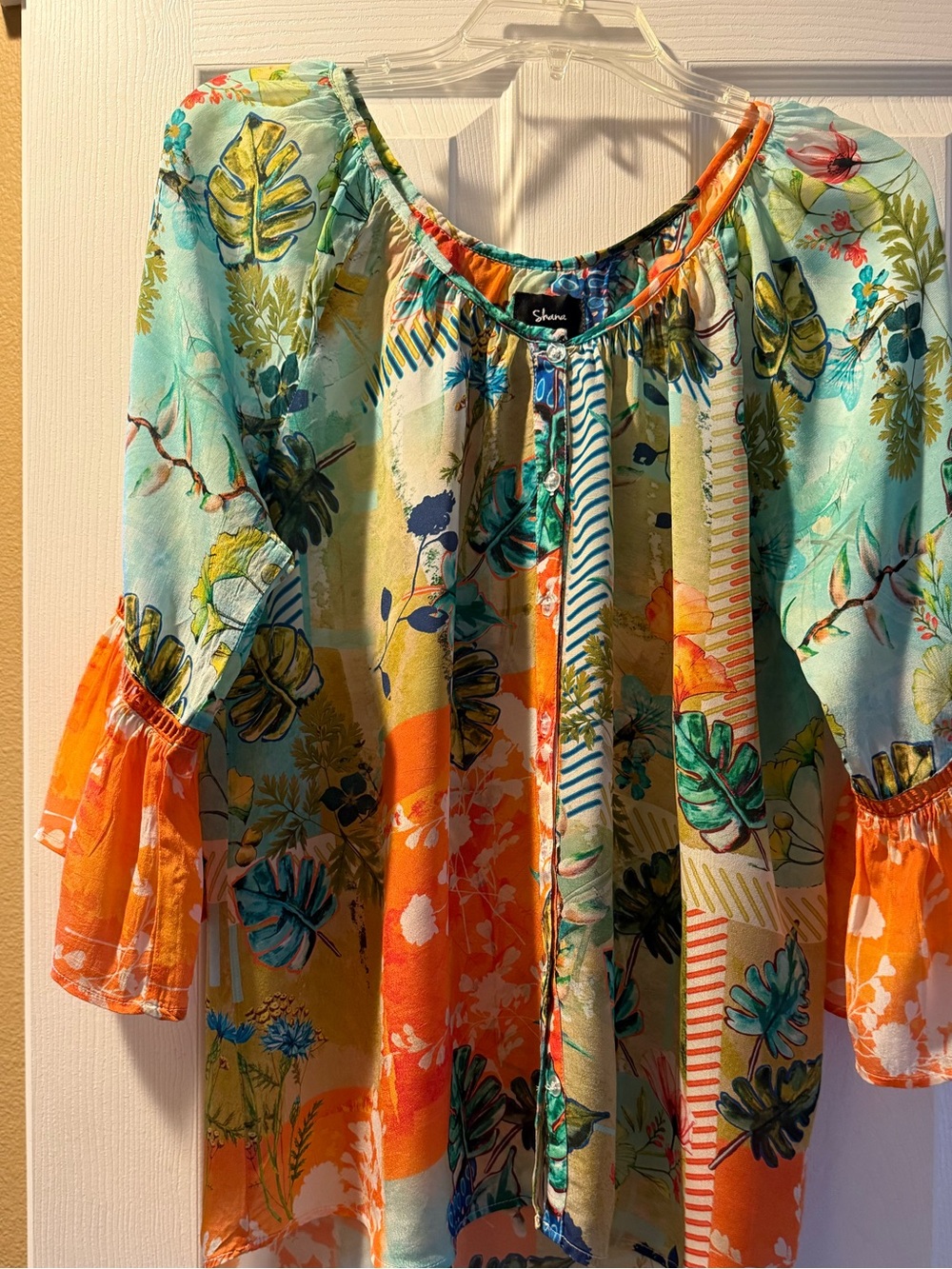 Shana Floral Patchwork Peasant Blouse in Aqua & Orange